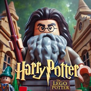 Rubeus Hagrid aus 'Harry Potter' – ein Halbriese mit wildem Bart und zotteligem Mantel – neben dem Schriftzug 'Harry Potter' im typischen Zauberer-Look