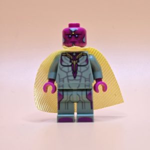 LEGO Minifigur Vision (sh0303) – Marvel, sandgrün, mit Mind Stone auf der Stirn.