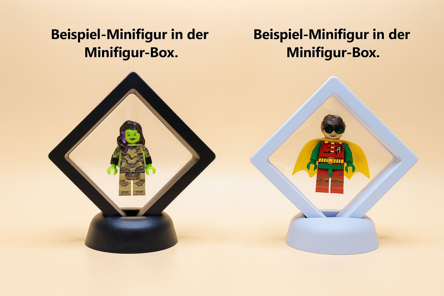 LEGO Minifiguren in transparenten Schutzboxen mit schwarzem oder weißem Rahmen